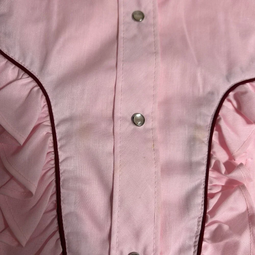 Vtg Fenton Western Women Prairiecore Ruffle Pearl Snap Shirt Top Pink Sz 14 Flaw - Picture 4 of 9